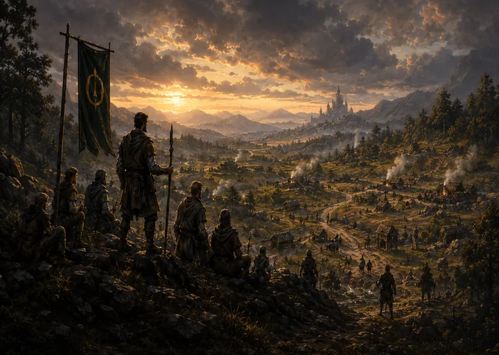 A sweeping view across the realm of Orinthia at sunset